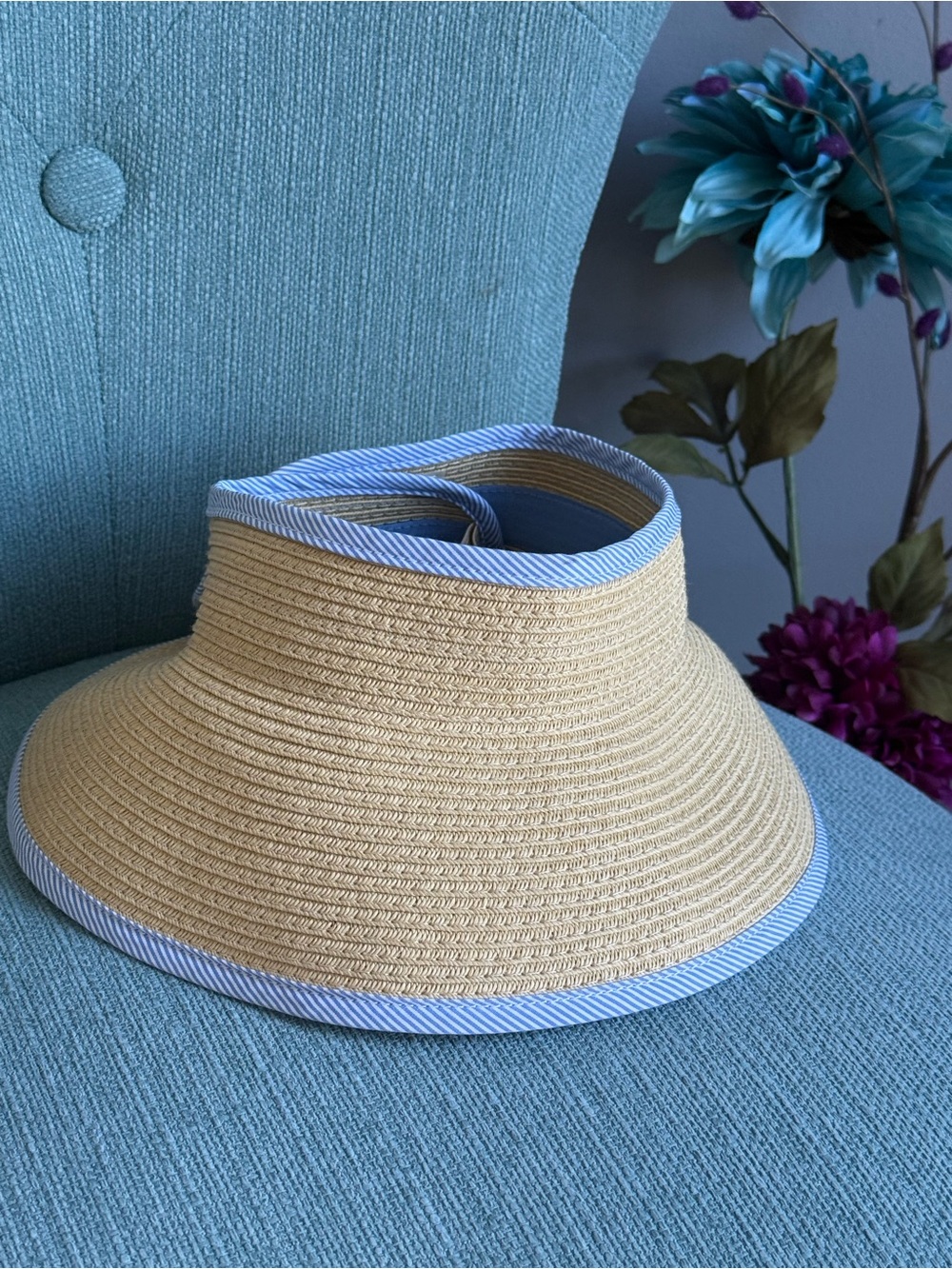 J. Crew Beige Straw Visor with Blue Trim